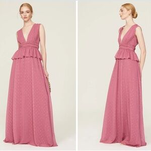 RTR LDT Pink Rose Metallic Peplum Waist‎ Sleeveless V Neck Maxi Gown Dress Sz 2